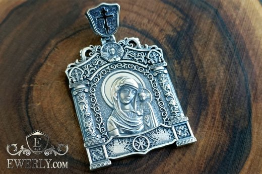 Silver pectoral icon of the Kazan Mother of God - pendant "Save and Preserve"